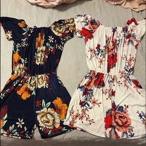 1 blue & 1 white flowered romper short set